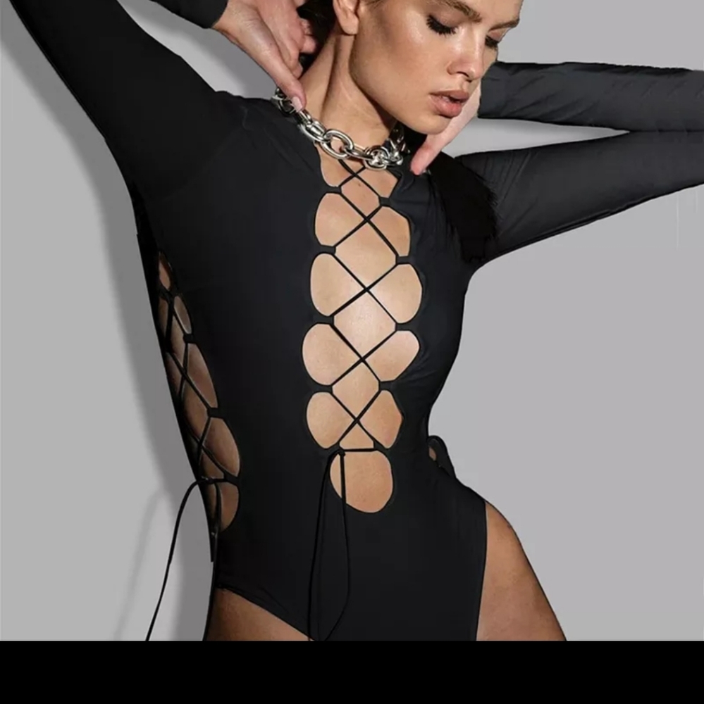 Black strappy corset bodysuit